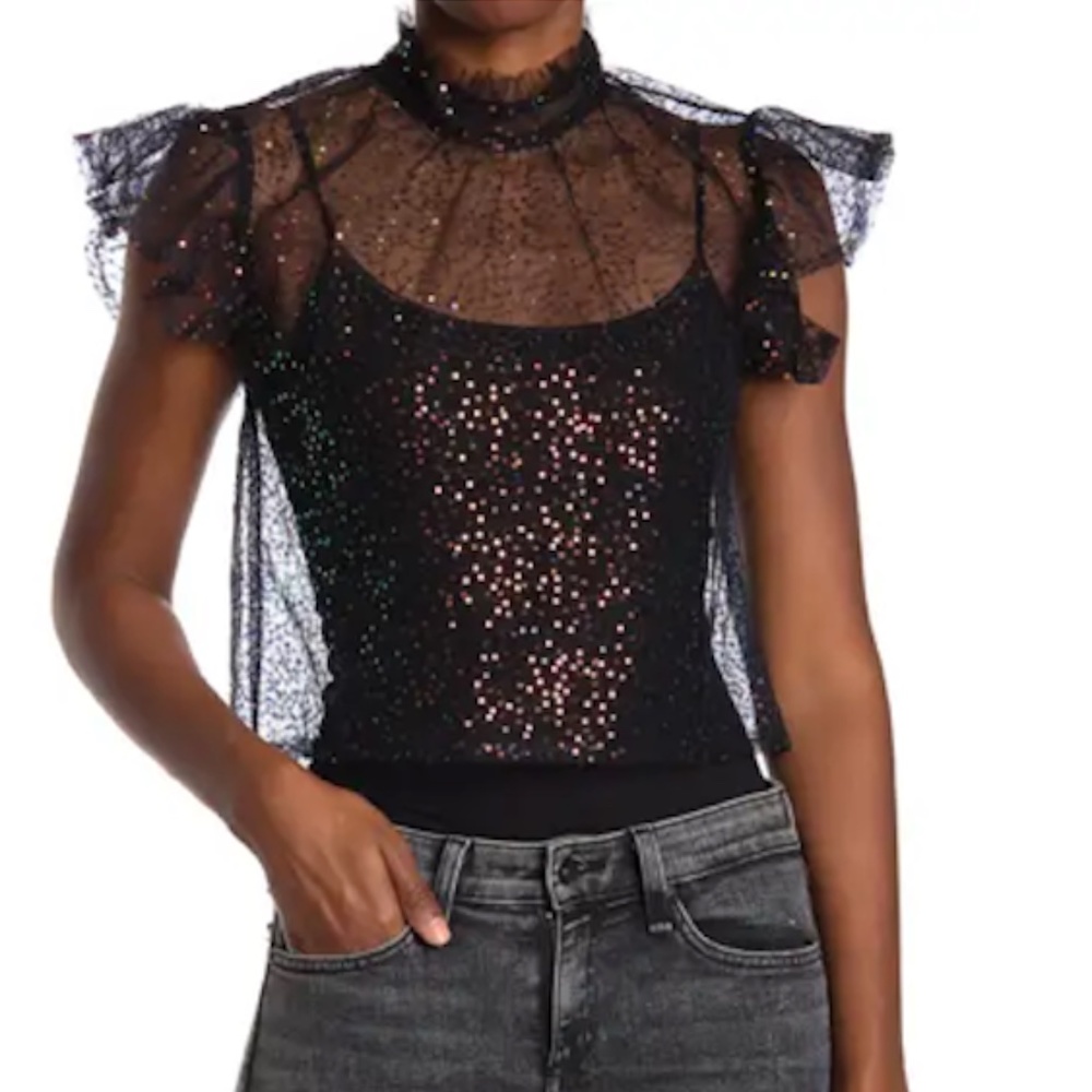 Black Sheer Beaded iridescent  Sequin Mock Neck Top Flirty Short Sleeve NWT S